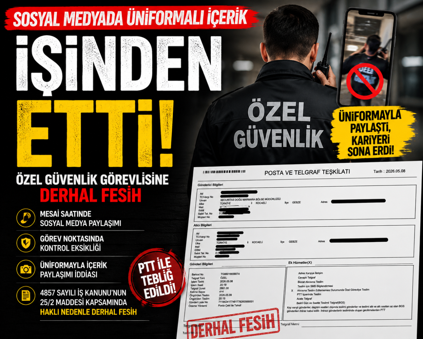 Üniformalı Sosyal Medya Paylaşımı İşinden Etti! Özel Güvenlik Görevlisine Derhal Fesih