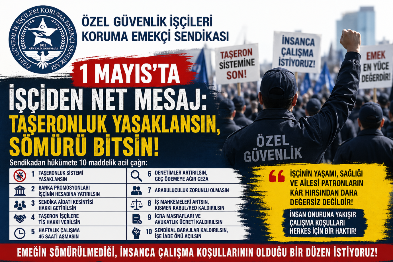 581 Güvenlik Koruma-İş Sendikasından 1 Mayıs Çağrısı: Taşeronluk Yasaklansın, İşçiye İnsanca Yaşam Sağlansın
